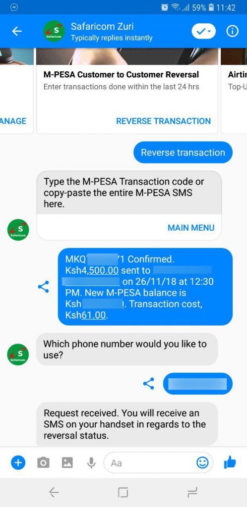 how to reverse an M-PESA transaction through SMS
