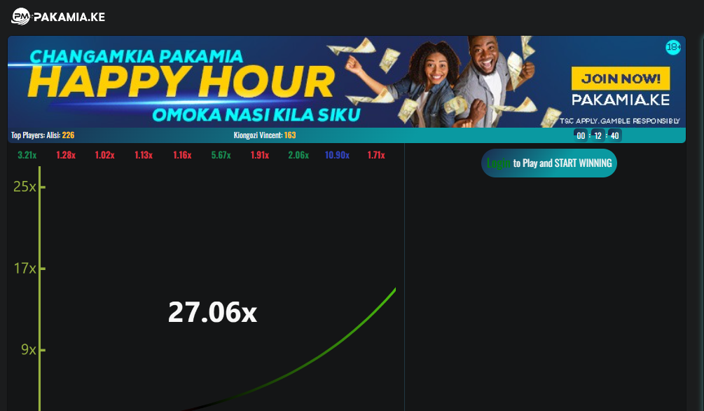 Pakamia Kenya Account & App Registration and Login. In the Pakamia Kenya “Happy Hour” you stand a chance of striking massive winnings hourly if you crash at the highest odds within the hour.