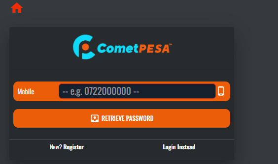 CometPESA Kenya Account & App Registration and Login. CometPESA Kenya password reset section.