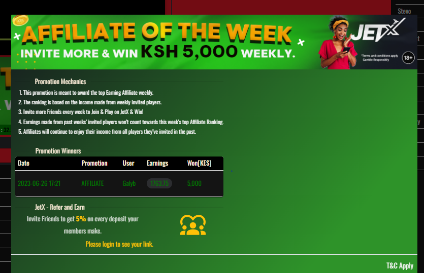 JetX Aviator Kenya Account & App Registration and Login. JetX Aviator Kenya has an "Affiliate of the Week" promotion where you can KES 5,000 weekly for referring the most users to JetX.