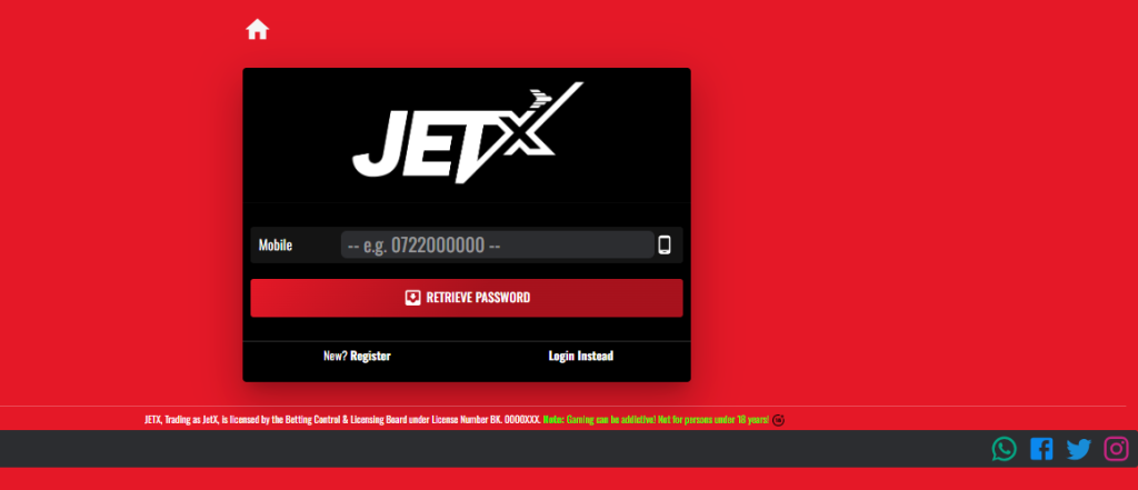 JetX Aviator Kenya Account & App Registration and Login. JetX Aviator password reset section.