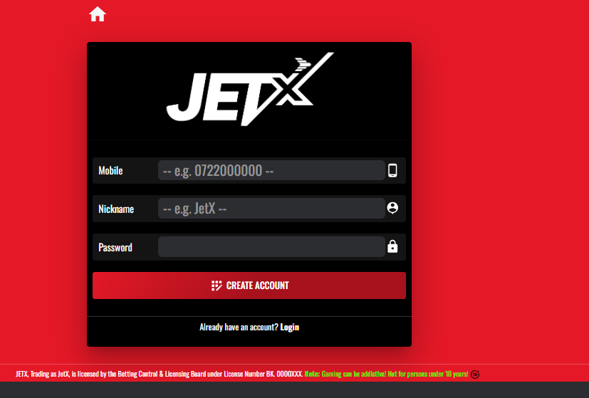 JetX Aviator Kenya Account & App Registration and Login. JetX Aviator Kenya sign-up form.