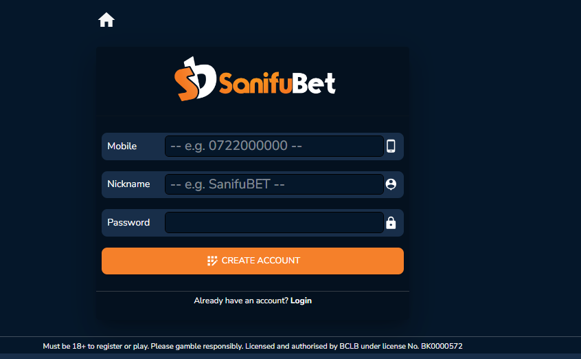 SanifuBet Kenya Account & App Registration and Login. SanifuBet Kenya registration form.