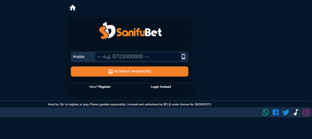 SanifuBet Kenya Account & App Registration and LoginSanifuBet Kenya password reset page.
