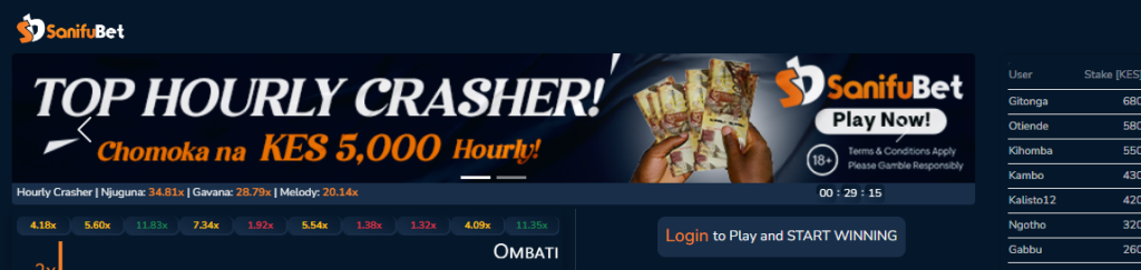SanifuBet Kenya Account & App Registration and Login. In the SanifuBet Kenya “Top Hourly Crasher” for instance, you can win KES 5,000 hourly if you crash at the highest odds within the hour.