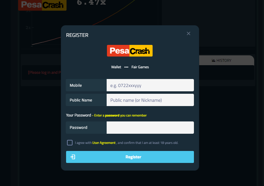 PesaCrash Kenya Account & App Registration and Login. PesaCrash Kenya registration form