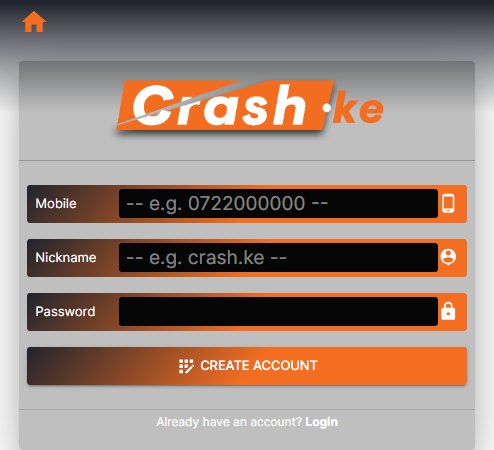 Crash.KE Aviator Account & App Registration and Login. Crash.KE Aviator registration form.