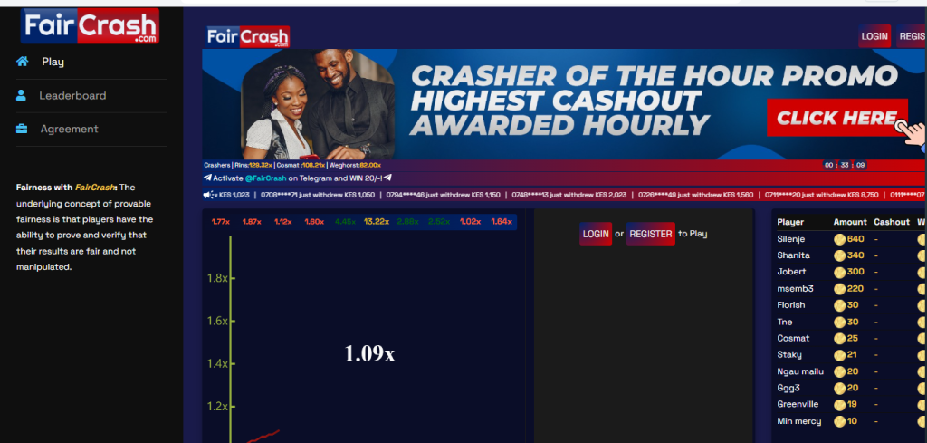 FairCrash Kenya Account & App Registration and Login. You stand a chance to win KES 2,000 every hour courtesy of the FairCrash Kenya "Crasher of the Hour Promo"