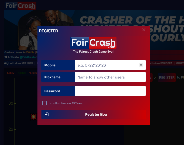 FairCrash Kenya Account & App Registration and Login. FairCrash Kenya registration section