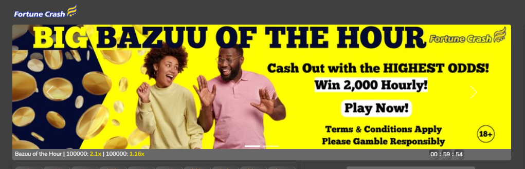 Fortune Crash Kenya has the "Big Bazuu of the Hour" promo where you can win up to KES 2,000 every hour.