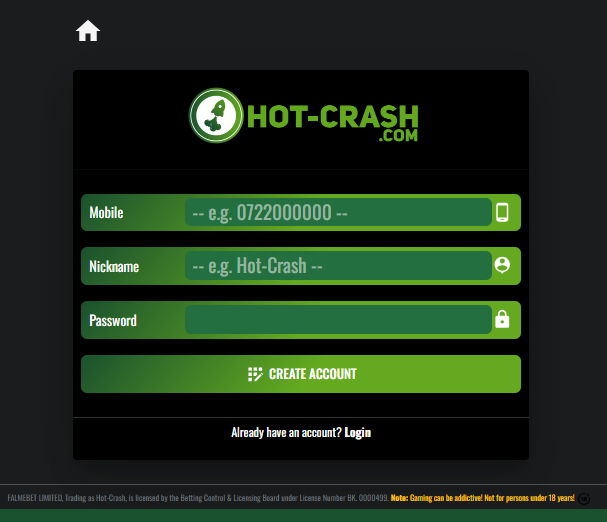 Hot-Crash Kenya Account & App Registration and Login. Hot-Crash Kenya registration form
