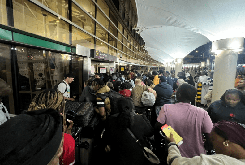 Jambojet Announces Grounding of JKIA Flights Amid Airport Workers' Strike. A jammed passenger terminal at JKIA following the airport workers' strike. Picture/X