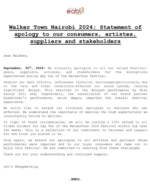 EABL to Refund Fans for Chaotic Walker Town Concert. EABL promises to fully refund Walker Town 2024 ticket holders. Picture/X