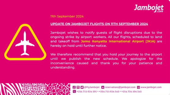 Jambojet Announces Grounding of JKIA Flights Amid Airport Workers' Strike. Jambojet's statement on the ongoing airport workers' strike.