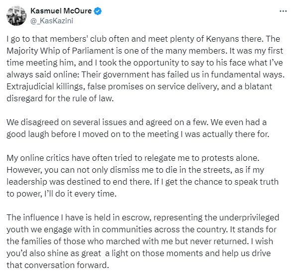 Gen Z Activist Kasmuel McOure Blasted For Hanging Out With MP Osoro. Kasmuel addresses concerns regarding his meeting with Kenya Kwanza MP Sylvanus Osoro.