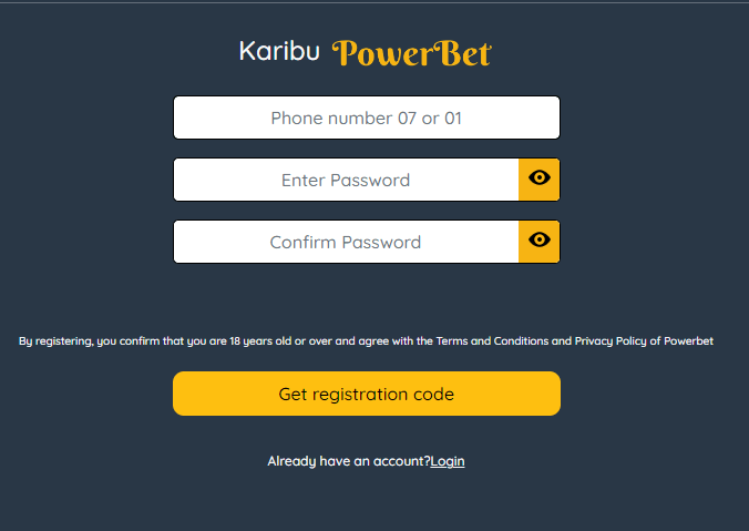 PowerBet Kenya Aviator Account & App Registration and Login. PoweBet Kenya registration form